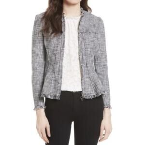 Rebecca Taylor Tweed Fringe Trim Peplum Blazer Raw Edge Trim Collarless Jacket